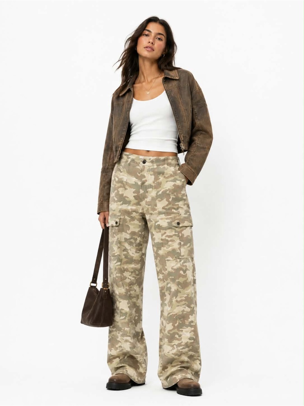 Regeneration by Celebrity Pink Tan & Olive Camo Print Wide Leg Cargo Jeans